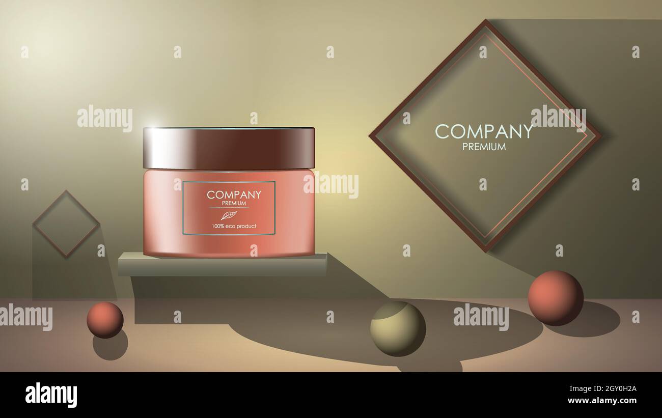 Realistisches Cremeglas mit Kugeln auf dem Boden und Rahmen an der Wand im 3d-Stil, Banner mit Kopierraum für Kosmetik und Hautpflege. Anzeigenlayout beau Stock Vektor