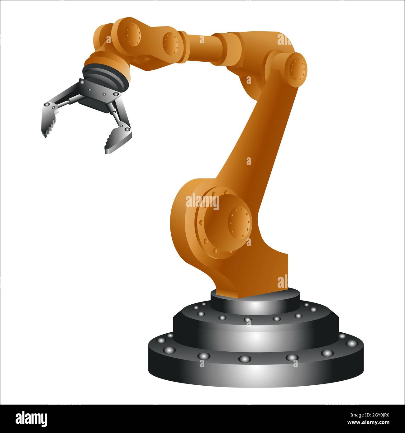 Mechanischer Roboterarm mit Greifer isoliert auf weiß. Vektorgrafik. Stockfoto