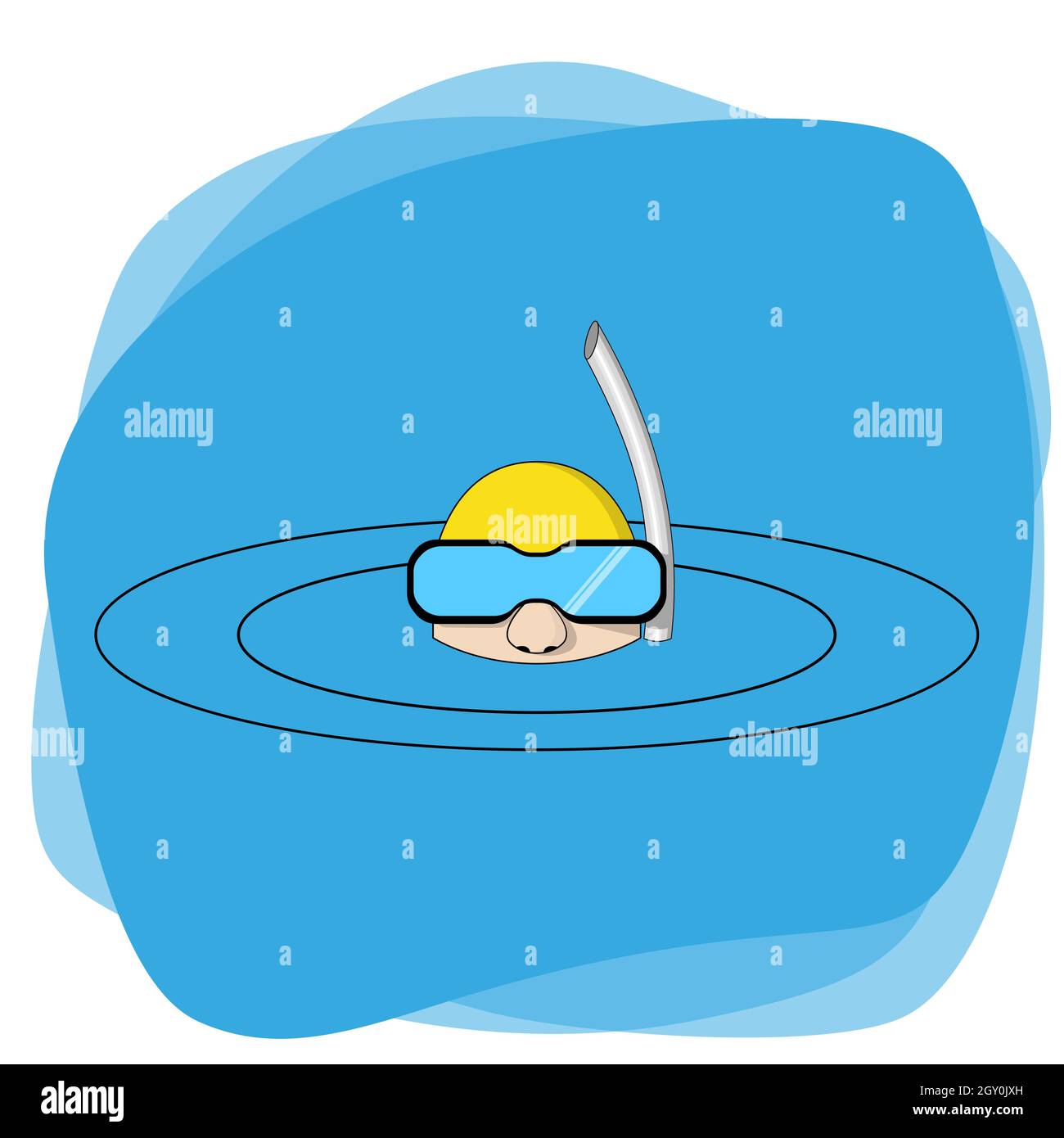 Ein Mann im Wasser in einer Maske und mit einem Schnorchelschlauch. Kreise in blauem Wasser und eine gelbe Mütze zum Schwimmen auf seinem Kopf. Isolierter Vektor. Stock Vektor