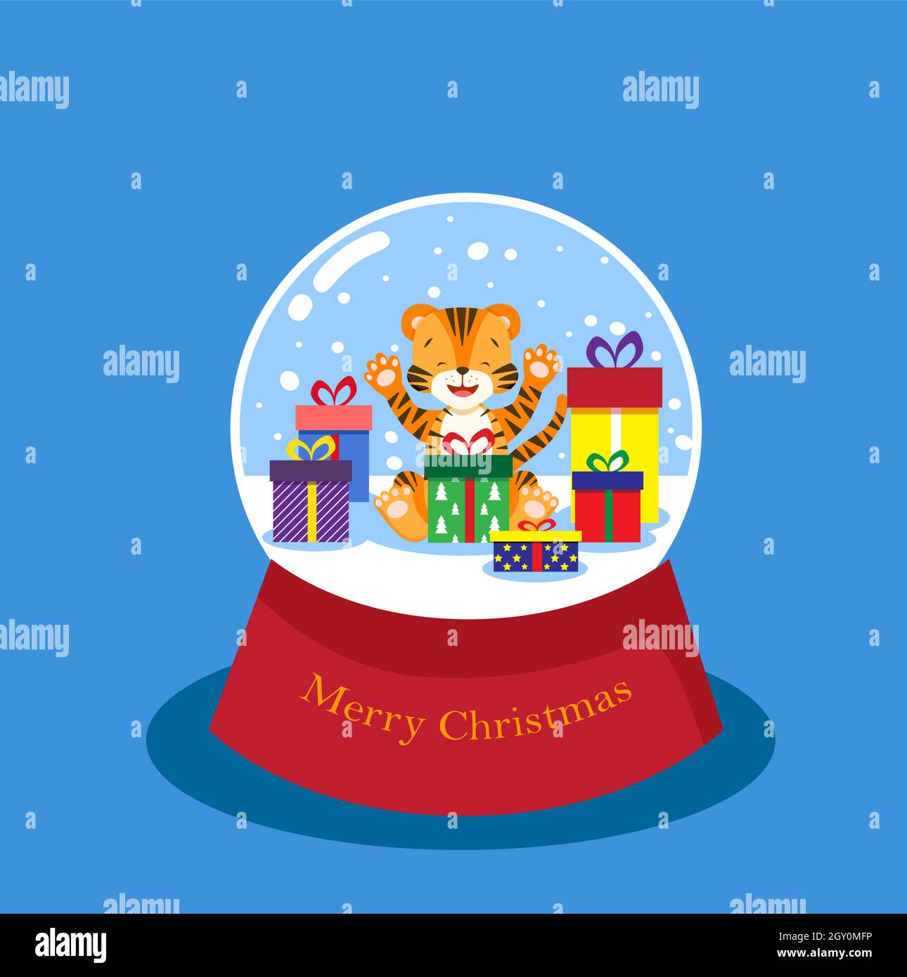 Glückliches Tigerkub in einer verschneiten Glaskugel mit Geschenk Stock Vektor