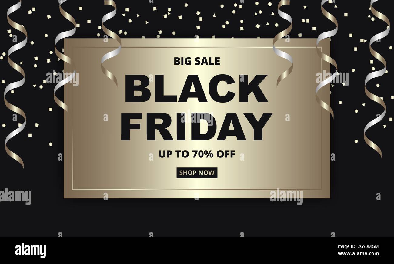 Black friday, festliche Banner-Vorlage. Black friday dunkel und golden Luxus Hintergrund, Verkauf bis zu 70 Prozent Rabatt. Stock Vektor