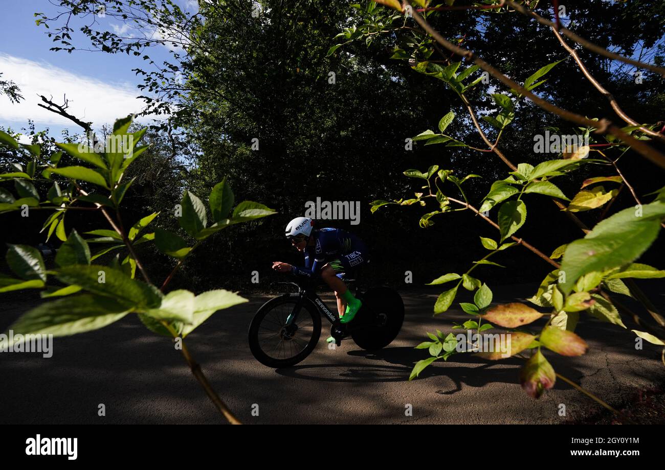 Lauren Stephens vom Team TIBCO - Silicon Valley Bank während des Einzelzeitfahrens der dritten Etappe der AJ Bell Women's Tour in Atherstone, Großbritannien. Bilddatum: Mittwoch, 6. Oktober 2021. Stockfoto