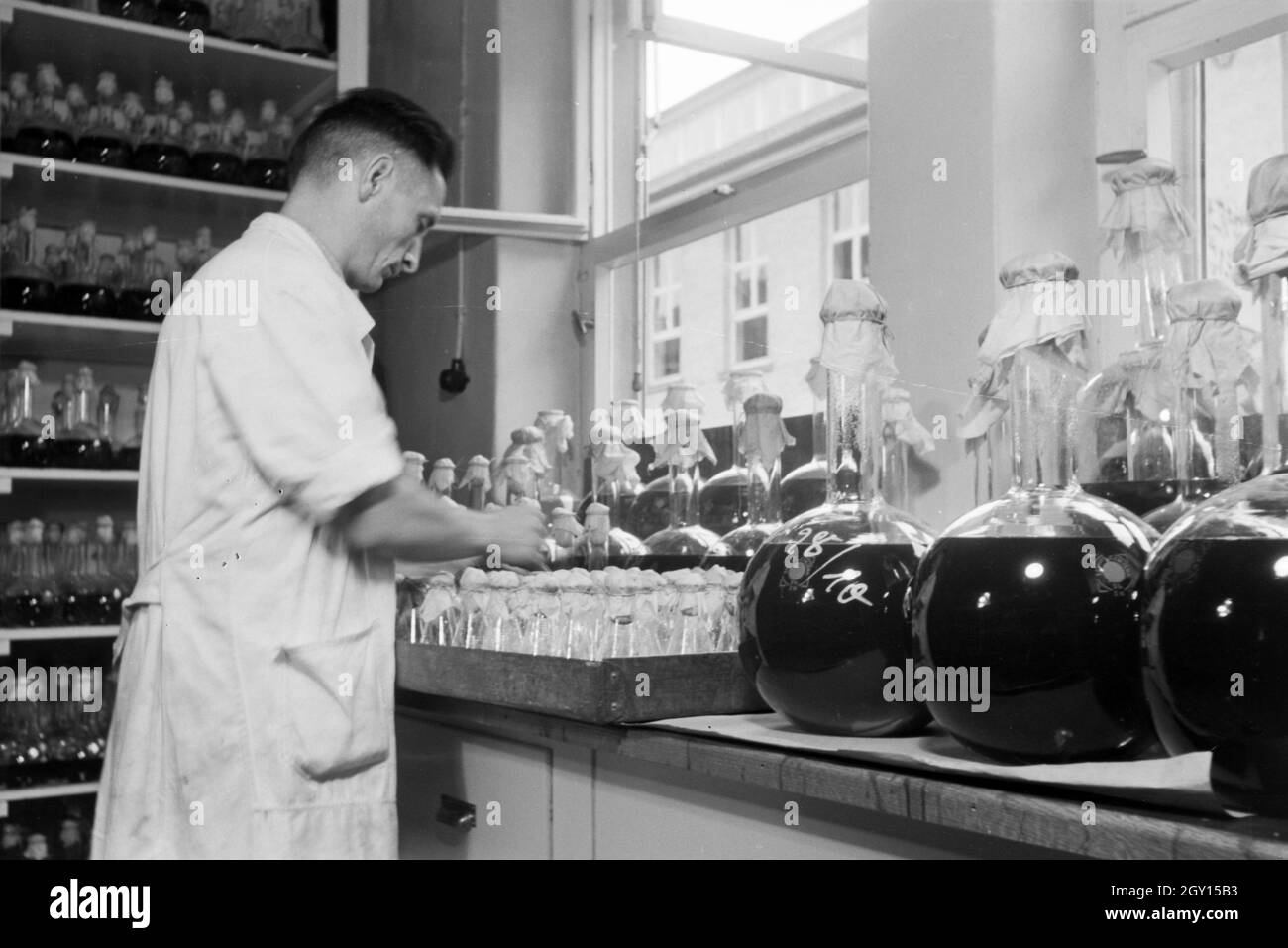 Ein Laborant beschriftet abgefüllte Medikamentenproben in Arbeit der Behringwerke, Marburg, Deutschland 1930er Jahre. Eine Lab Assistant ist die Etikettierung der Flasche Medizin Proben in ein Labor der Behringwerke, Marburg, Deutschland 1930. Stockfoto