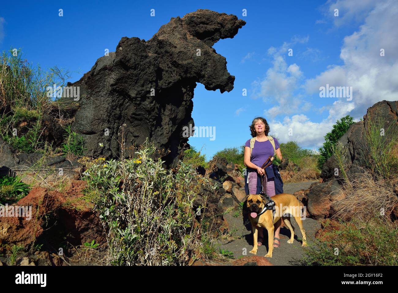 Äolische Inseln, Sizilien, Italien. Insel Vulcano, das Valle dei mostri (En. Monster Valley). Das Tal wird von vulkanischen Gesteinen mit Grotesken und erschreckende Zahlen, wo die Phantasie aller Monster, wilde Tiere und beunruhigende Figuren identifizieren können geprägt. Eine Frau, die Touristen mit ihrem Hund besuchen das Tal. Stockfoto