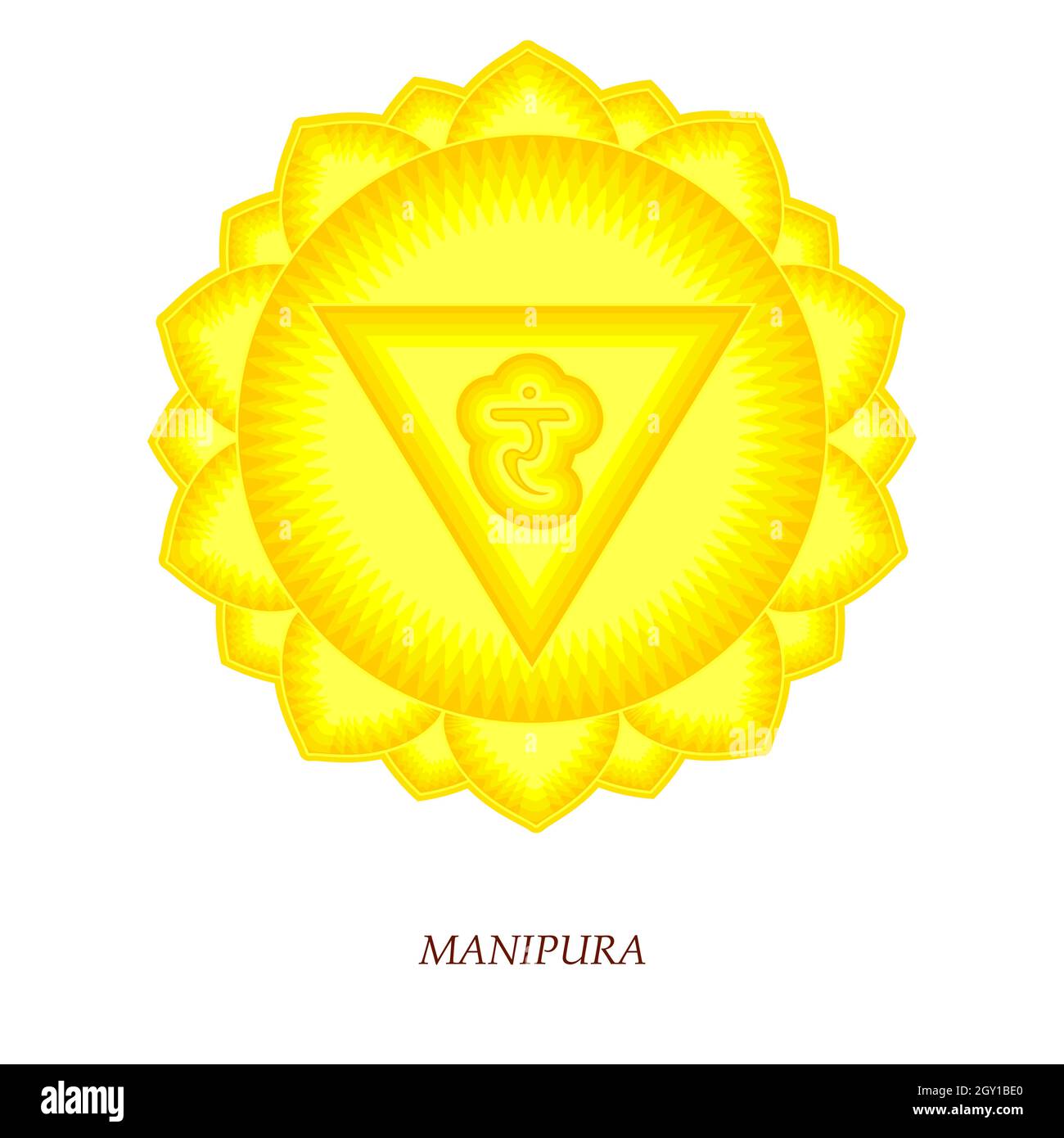 Leicht zu editierende Vektordarstellung das dritte Chakra von Manipur. Solar Plexus Chakra mit hinduistischem Sanskrit. Gelb ist ein flaches Symbol für Meditation, Yoga. Stock Vektor