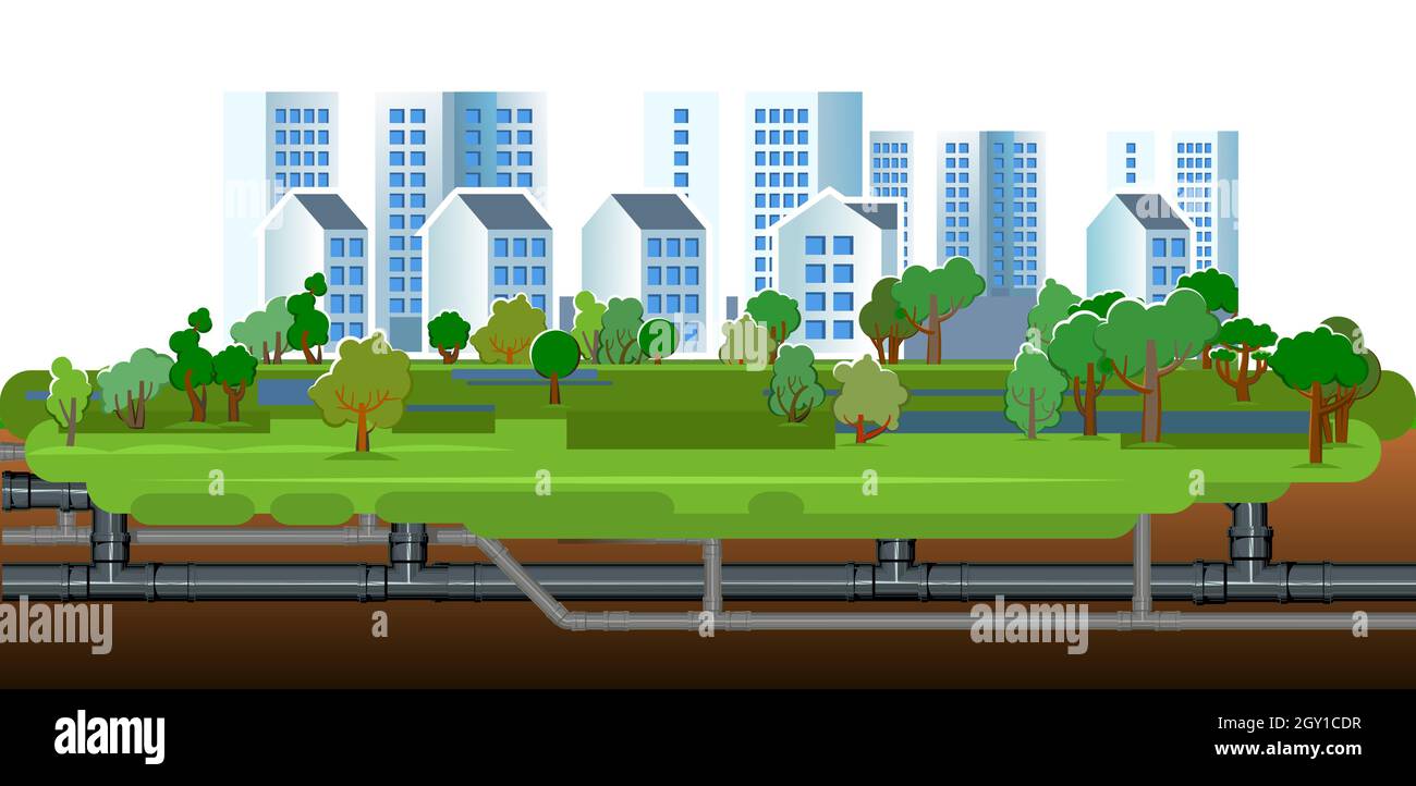 Pipeline für verschiedene Zwecke. Gebäude der Ingenieurstadt. Unterirdischer Teil des Systems. Isolierter Grafikvektor Stock Vektor