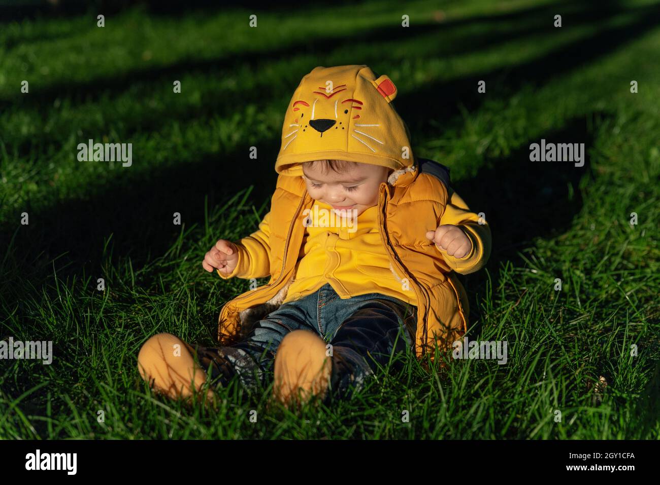 Fröhliches lachendes Baby Junge im Sonnenuntergang Lichter draußen im Herbst Park. Das Konzept von Kindheit, Familie und Kind Stockfoto
