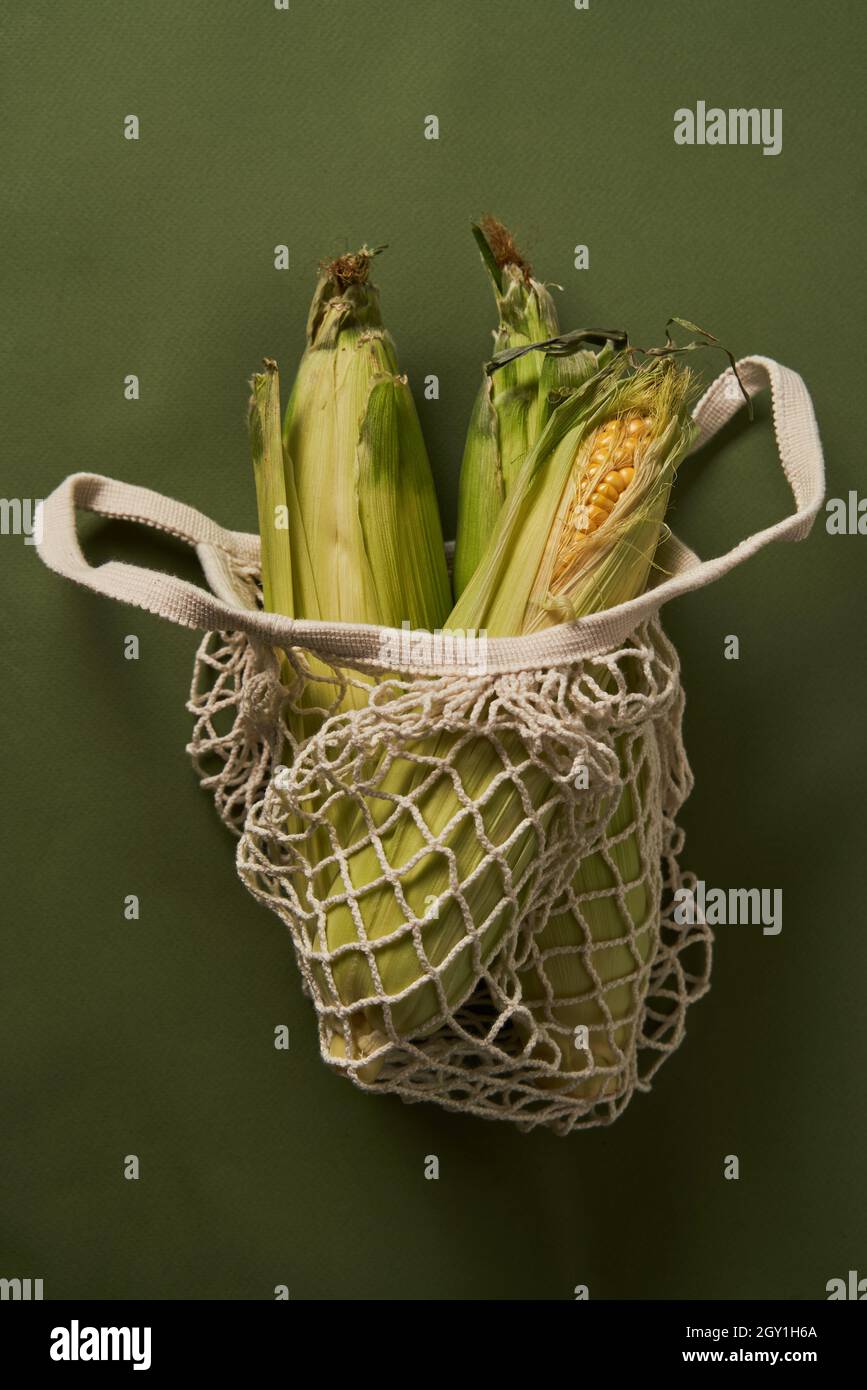 Öko Naturbeutel mit Ähren aus Mais. Konzept des nachhaltigen Lebensstils, Kunststoff-freie Artikel und Recycling. Stockfoto