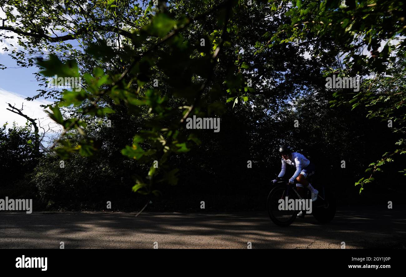 Jade Wiel von FDJ Nouvelle-Aquitaine Futuroscope während des Einzelzeitfahrens der dritten Etappe der AJ Bell Women's Tour in Atherstone, Großbritannien. Bilddatum: Mittwoch, 6. Oktober 2021. Stockfoto