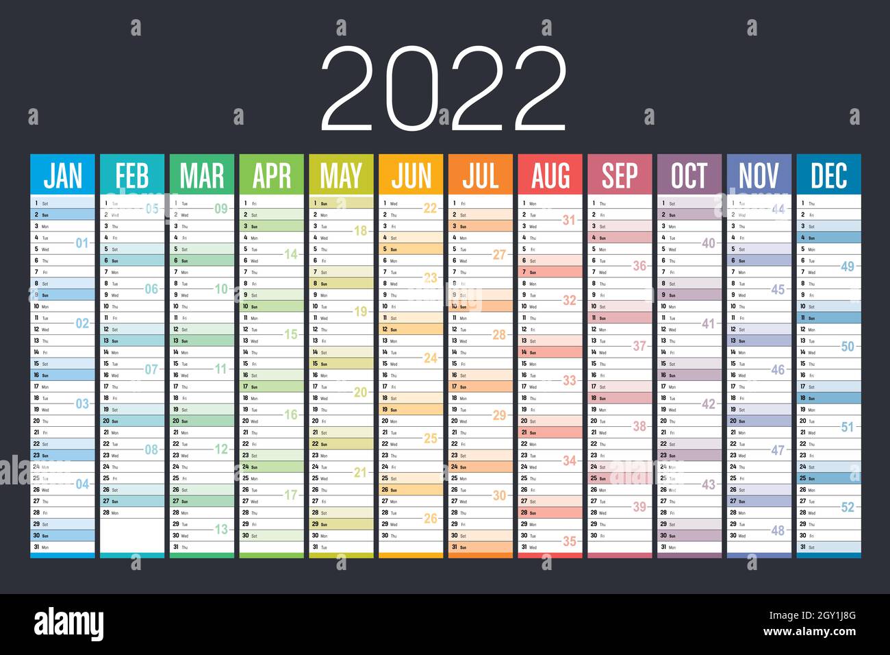 Jahr 2022 farbenfroher Kalender auf dunklem Hintergrund. Vektorvorlage. Stock Vektor