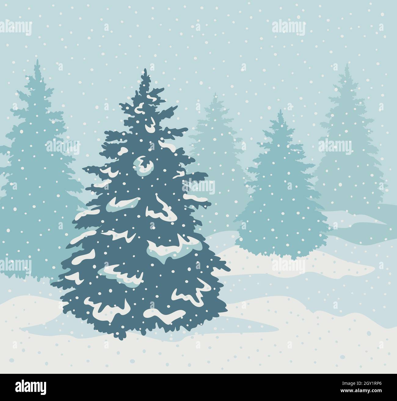 Vektordarstellung der Winterlandschaft mit Fichten. Weihnachtsbäume im Schnee. Landschaft mit Schneefall. Stock Vektor