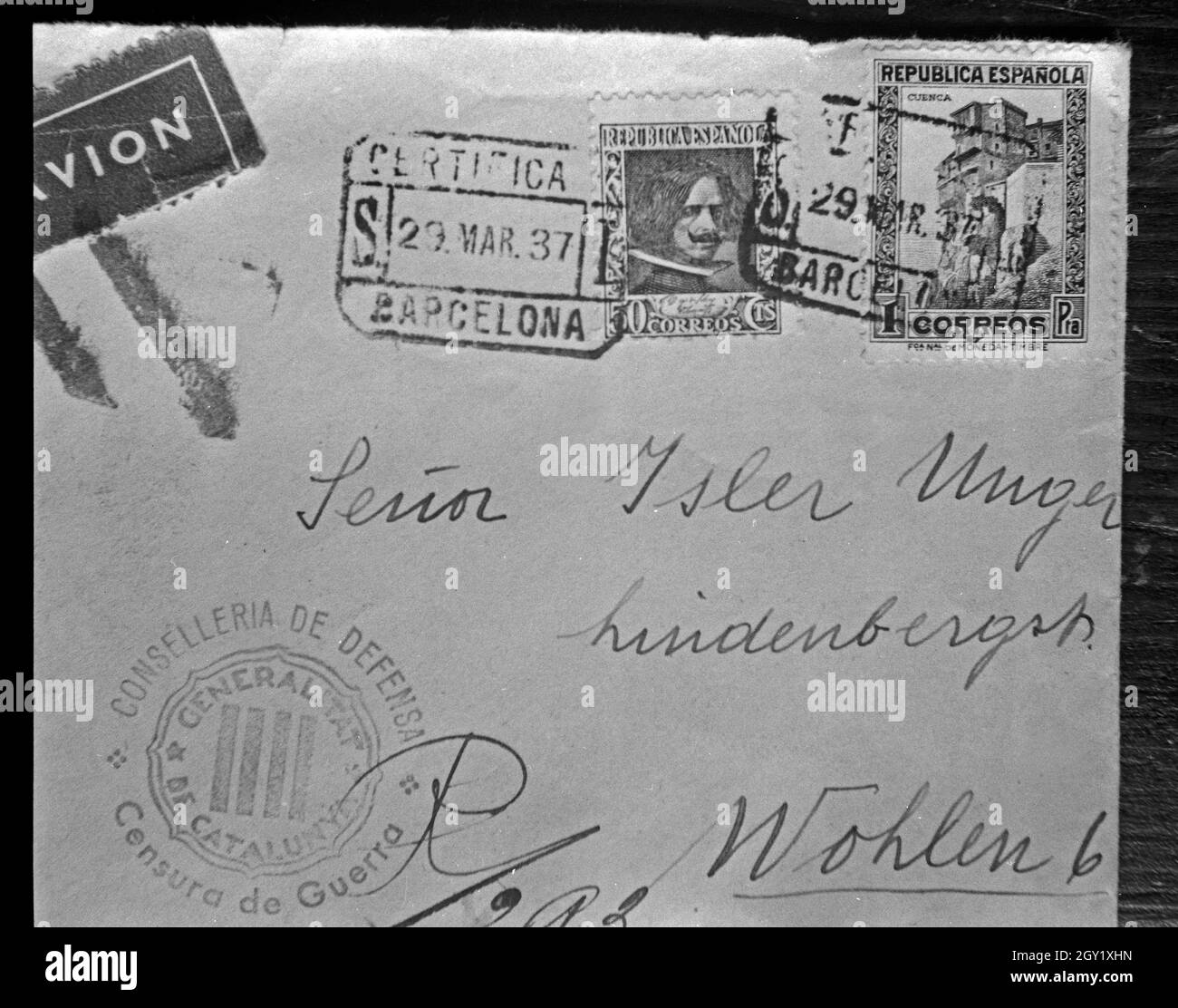 Reproduktion eines Briefumschlages aus Spanien vom 29. März 1937, Deutschland 1930er Jahre. Die Vervielfältigung von einen Umschlag aus Spanien vom 29. März 1937, in Deutschland 1930. Stockfoto