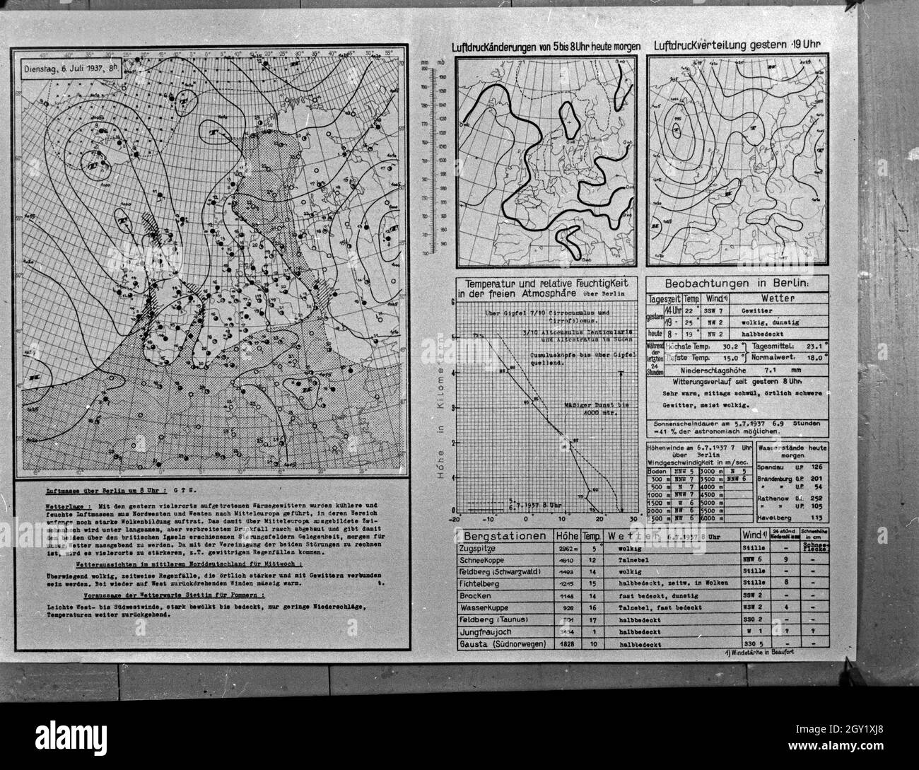 Reproduktion der Wetterkarte vom 6. Juli 1937, Deutschland 1930. Die Reproduktion der Wetterkarte Juli 6th, 1937, Deutschland 1930. Stockfoto