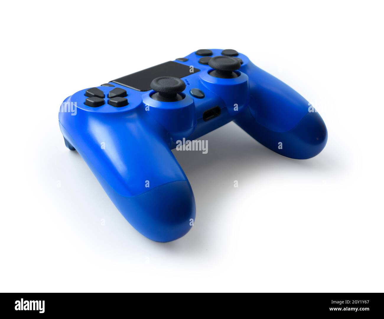 Blauer Videospiel-Controller auf weißem Hintergrund isoliert Stockfoto