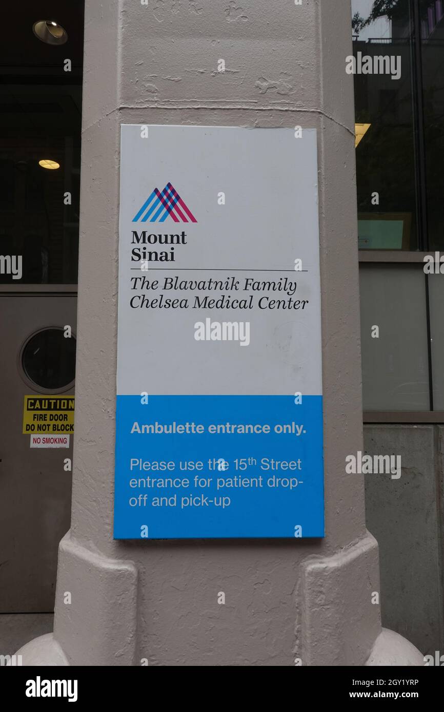 Eintrittsschild zum Blavatnik Family Medical Center, Mount Sinai, 325 West 15th, New York City, USA Stockfoto