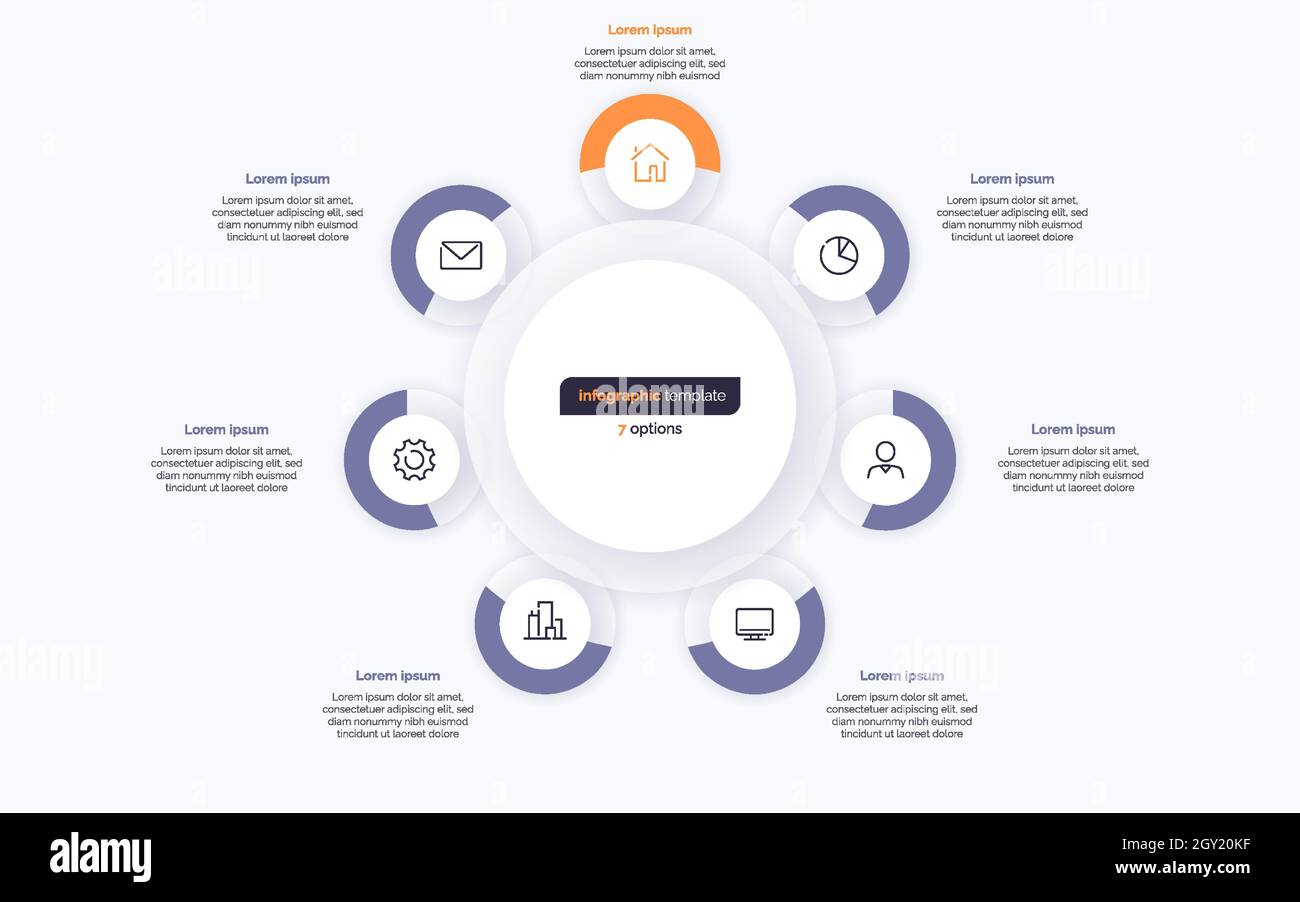 Design-Vorlage für Infografik mit sieben Auswahlkreisen. Vektorgrafik Stock Vektor