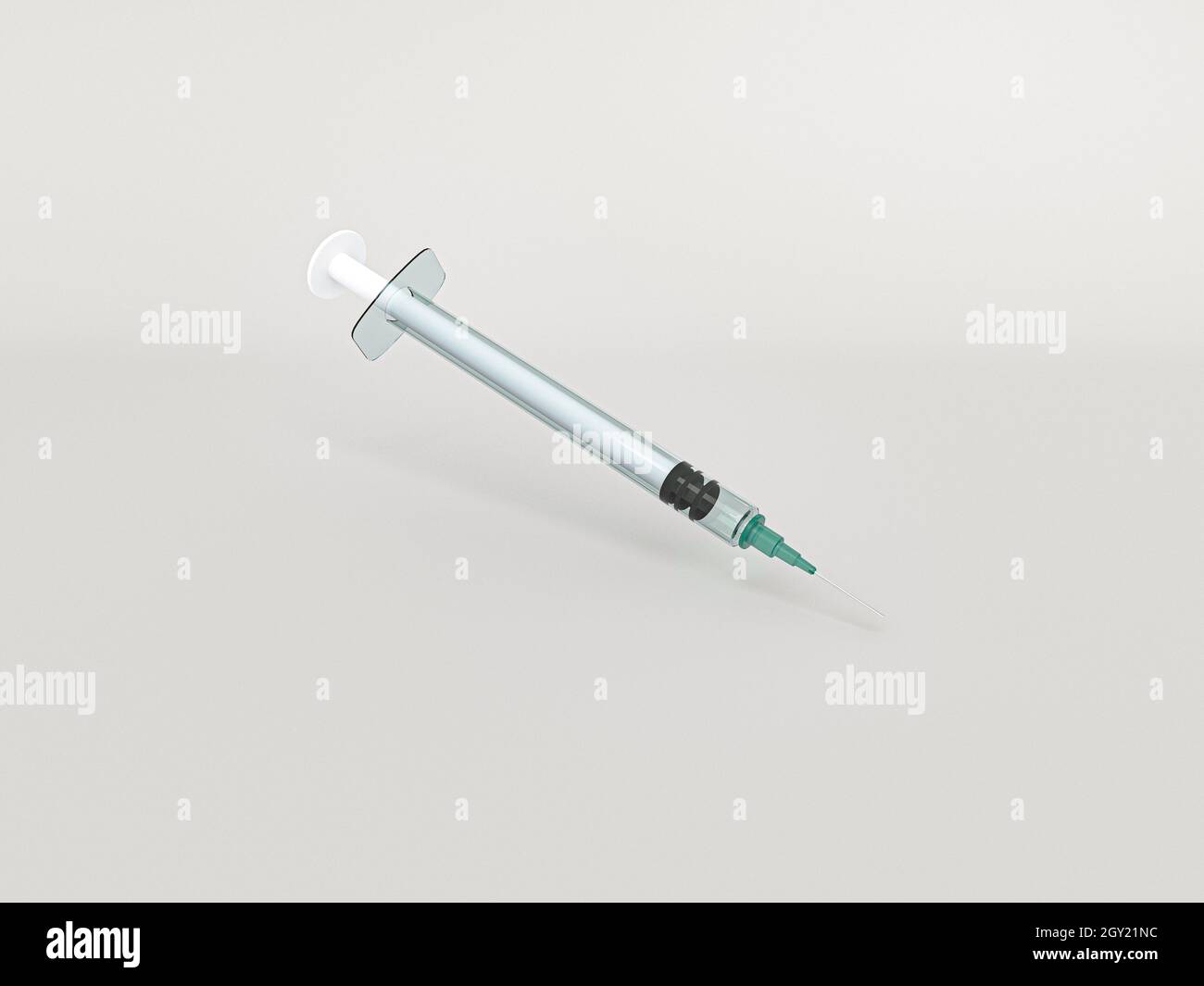 Medizinische Einmalspritze mit Nadel. Medizinische Kunststoffspritze zur Injektion Corona-Impfstoff, Diabetes, Grippevirus-Schutz in 3D Render. Stockfoto