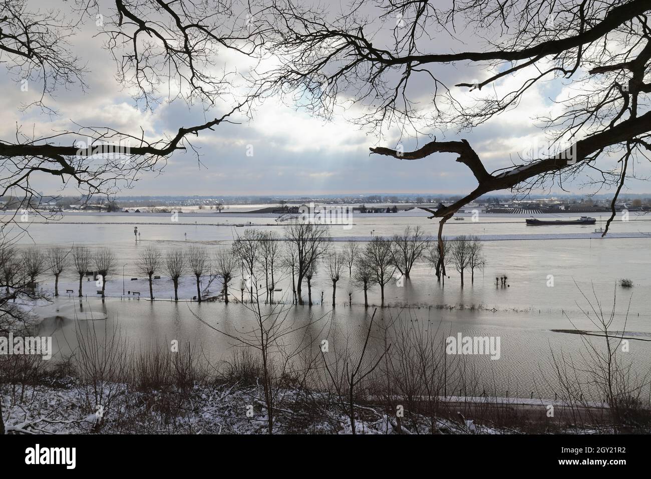 Hochwasser im Rhein bei der Stadt Doorweth. Dieses Foto ist in der Mitte der Niederlande gemacht. Stockfoto