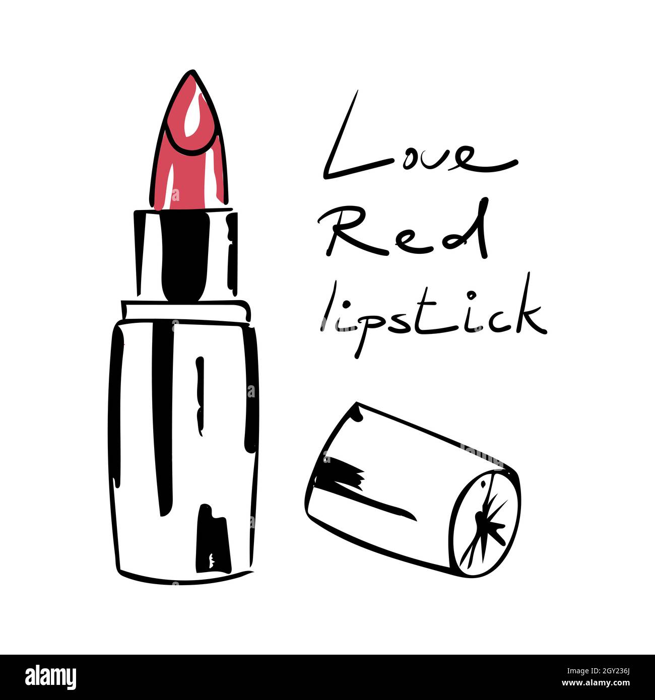 Modischer roter Lippenstift. Schriftzug Love Red Lippenstift. Vektorgrafik. Stock Vektor