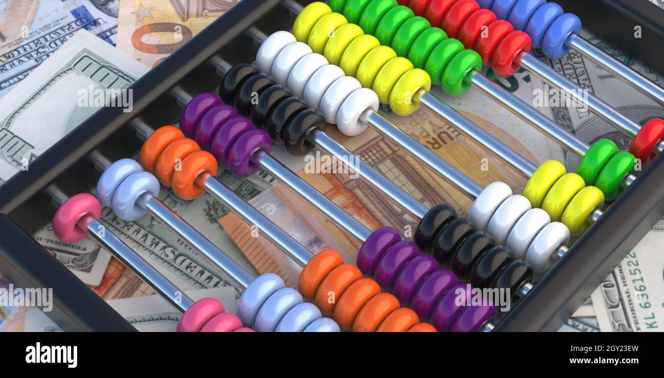 Abacus, zählen traditionelle Ausrüstung mit bunten Perlen auf Geldscheinen Hintergrund, Nahaufnahme. Finanz-, Buchhaltungs-, Investitions- und Gewinnmitrechnung Stockfoto