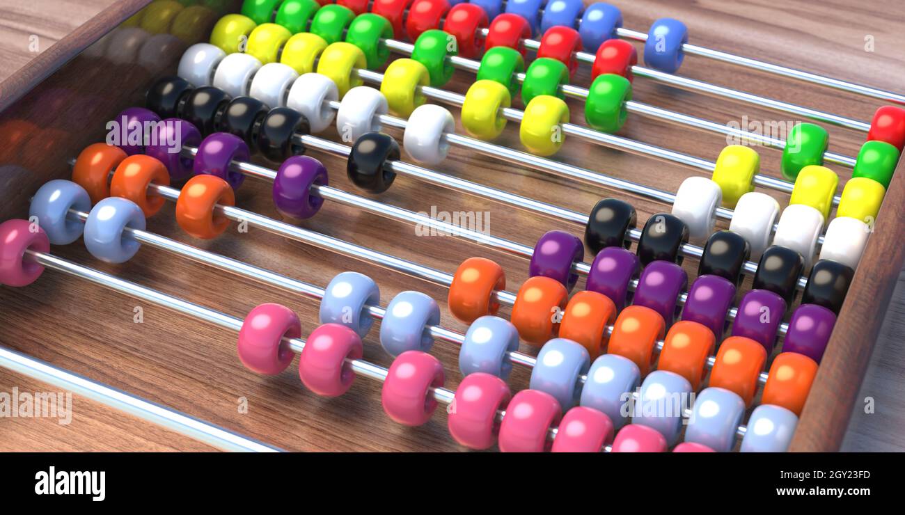 Abacus, zählen lernen traditionelle Schulausrüstung mit bunten Perlen, Nahaufnahme. Grundlegende mathematische Addition und Subtraktion für Grundschüler Stockfoto