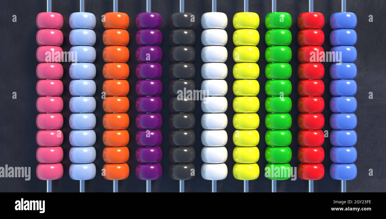 Abacus Colourfoul Perlen, schwarzer Hintergrund. Zählen Lernen traditionelle Schulausrüstung aus der Nähe Draufsicht. Grundlegende mathematische Addition und Subtraktion für Elem Stockfoto