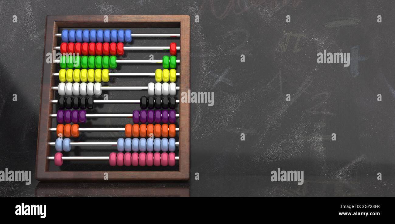 Abacus auf Tafel Hintergrund. Kinder lernen Zählen, Schulklasse traditionelle Ausrüstung für grundlegende Mathematik, colorfoul Perlen und Holzrahmen. Kopie en Stockfoto