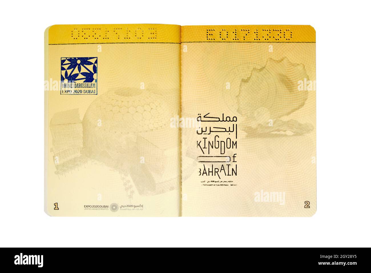 Das Königreich Bahrain und Brunei Darussalam haben Passmarken in einem Expo 2020 Besucherpass, Dubai, VAE Stockfoto