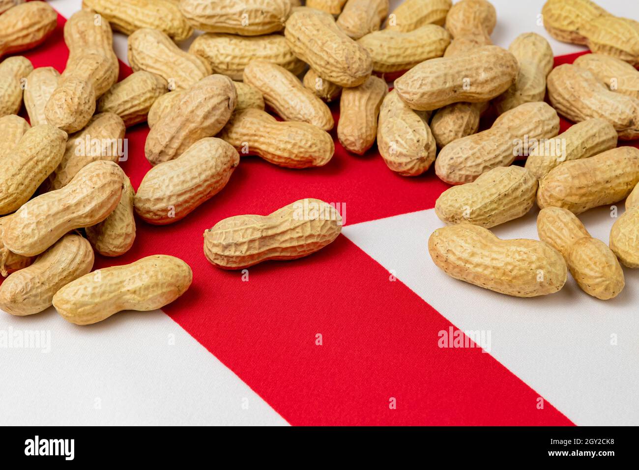 Erdnüsse in Schale auf der Flagge von Alabama. Erdnussanbau, Handel, Zölle und Marktpreiskonzept. Stockfoto