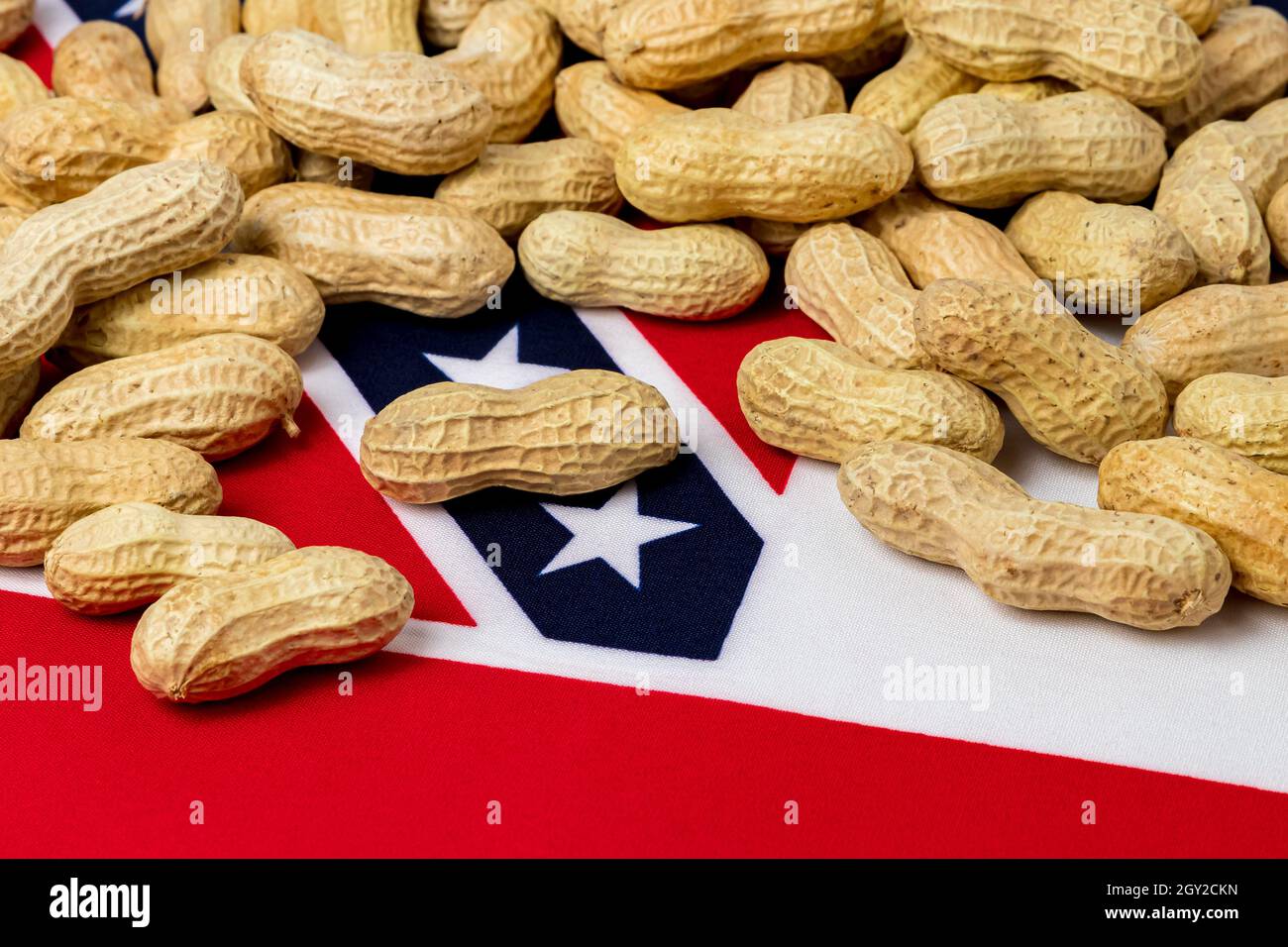 Erdnüsse in Schale auf der Flagge von Mississippi. Erdnussanbau, Handel, Zölle und Marktpreiskonzept Stockfoto