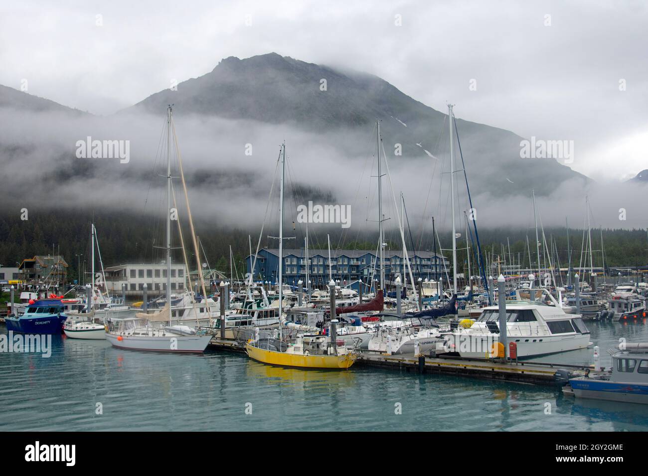 Seward Boat Harbor an einem nebligen Tag, Seward, Alaska, USA Stockfoto
