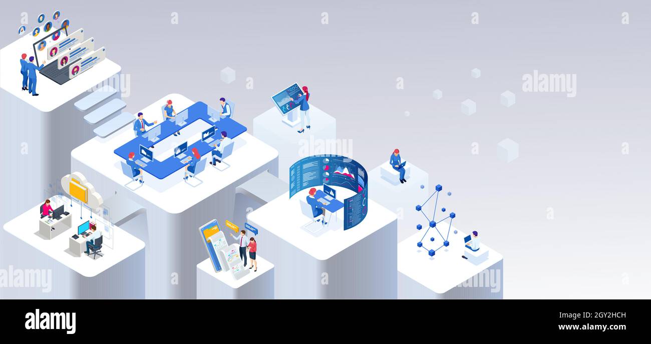 Isometrisches Expertenteam für Datenanalyse, Geschäftsstatistik, Management, Consulting, Marketing. Kommunikation und zeitgemäßes Marketing. Unternehmen Stock Vektor