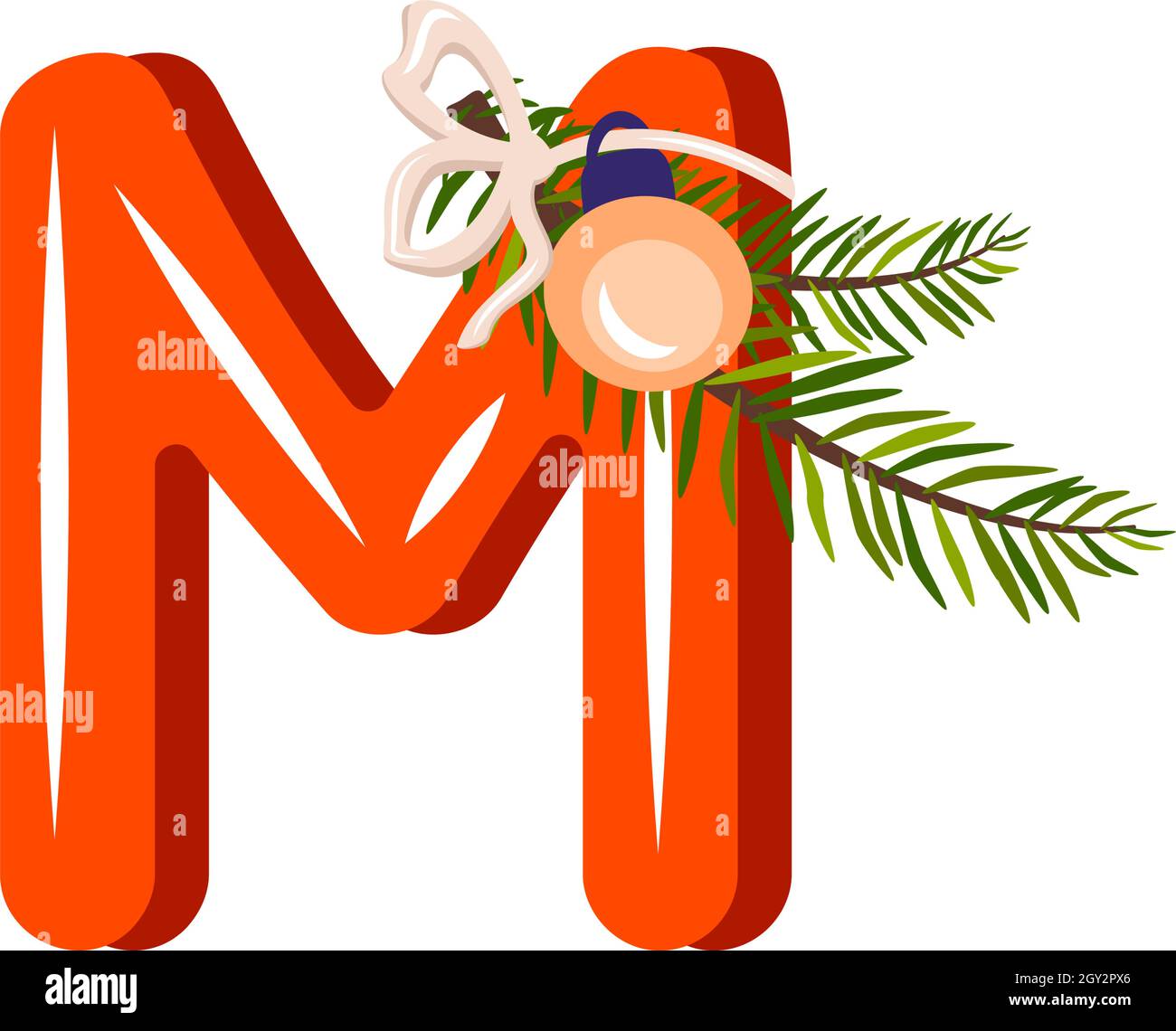 Roter Buchstabe M mit grünem Christbaumzweig, Kugel mit Schleife. Festliche Schriftart für Happy New Year und helles Alphabet Stock Vektor