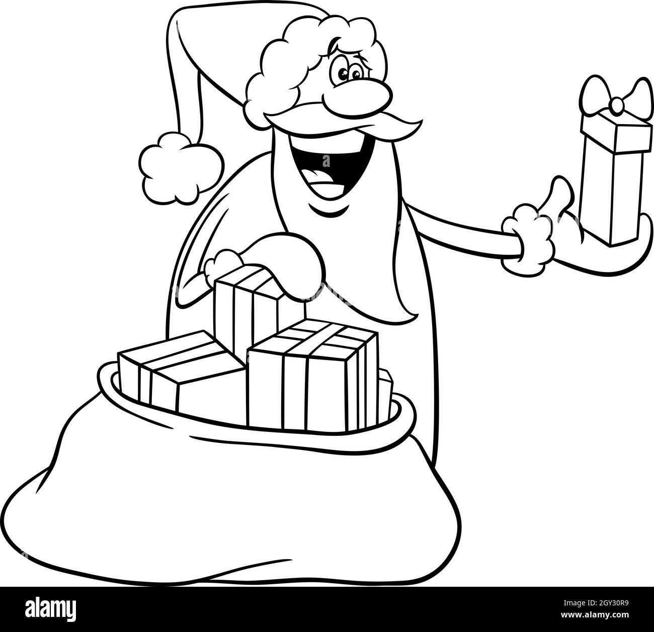 Schwarz-Weiß-Cartoon-Illustration des glücklichen Weihnachtsmann Figur verteilt Geschenke auf Weihnachtszeit Malbuch Seite Stock Vektor