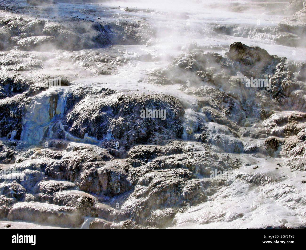 Noch immer dampfender Geyseritgestein wandelt sich dynamisch am Fuß des Pohutu Geyser in Rotorua, Neuseeland. Geyserit ist ein kieselhaltiger Tuff aus Ablagerungen von Thermalwasser. Stockfoto