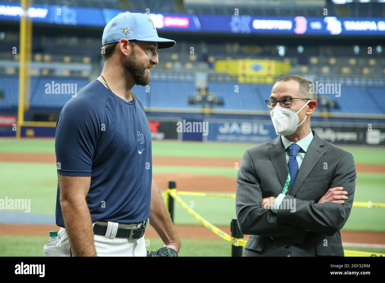 St. Petersburg, FL. USA; Tampa Bay Rays Relief Pitcher J.P. Feyereisen (34) während der American League Division Series Training am Mittwoch, 6. Oktober 2021, im Tropicana Field. (Kim Hukari/Bild des Sports) Stockfoto