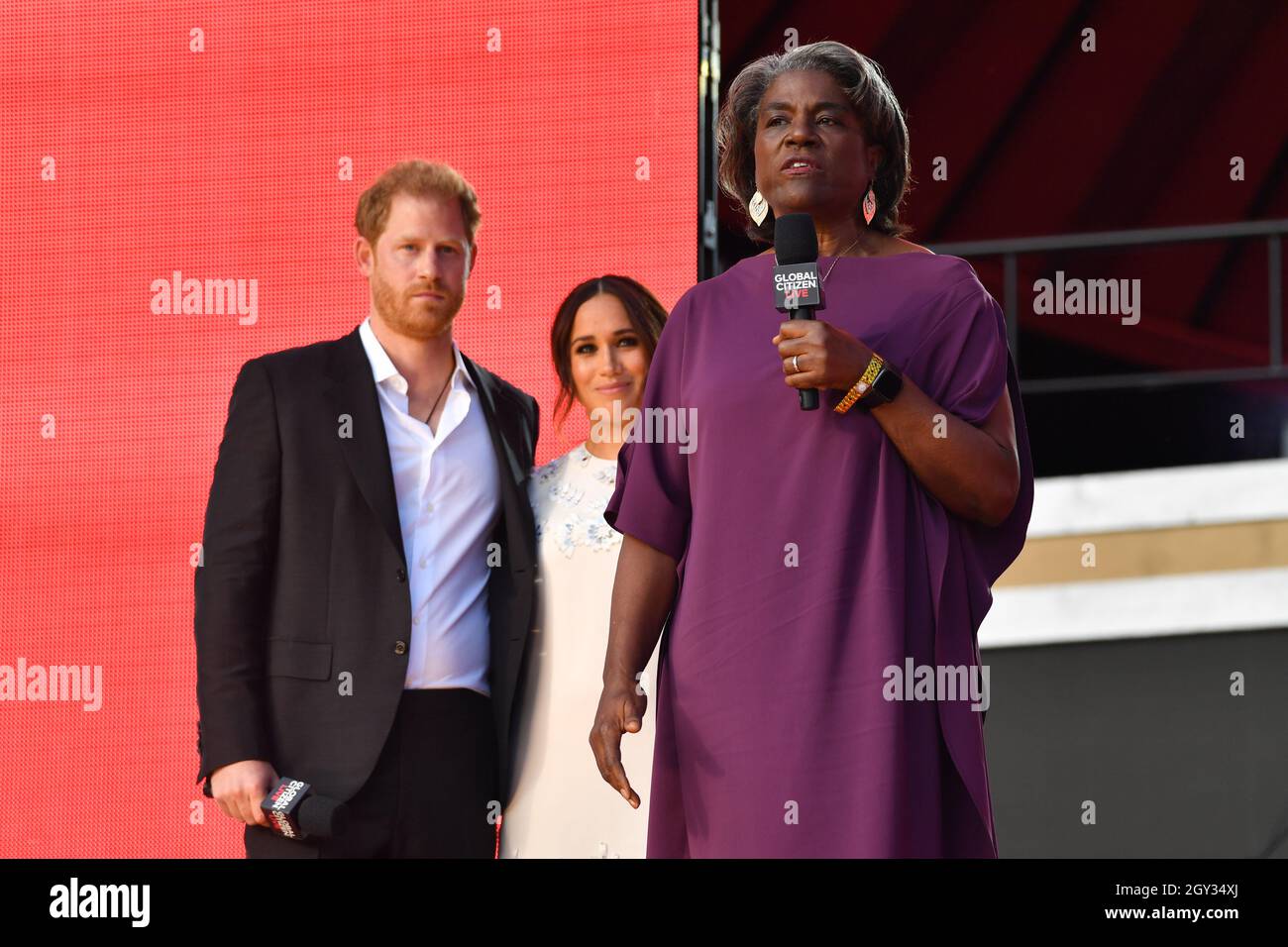 Prinz Harry, Meghan Markle und Linda Thomas-Greenfield bei 2021 Global Bürgerlive: New York am 25. September 2021 im Central Park in New York City. Stockfoto