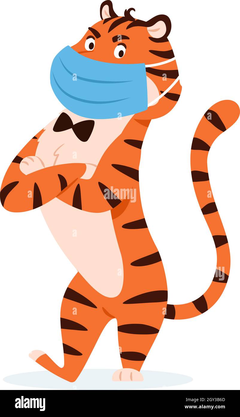Cartoon wütend Tiger in schützende Gesichtsmaske. Stock Vektor