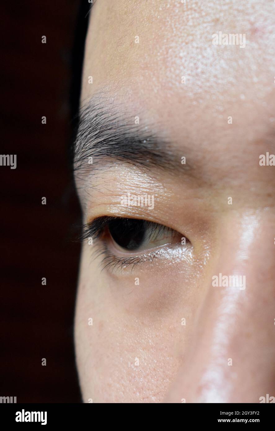 Südostasiatischer, chinesischer junger Mann mit einem einzigen Augenlid oder Monolid. Ein Monolid bedeutet, dass sich unterhalb des Brauenbereichs keine sichtbare Faltenlinie befindet. Stockfoto