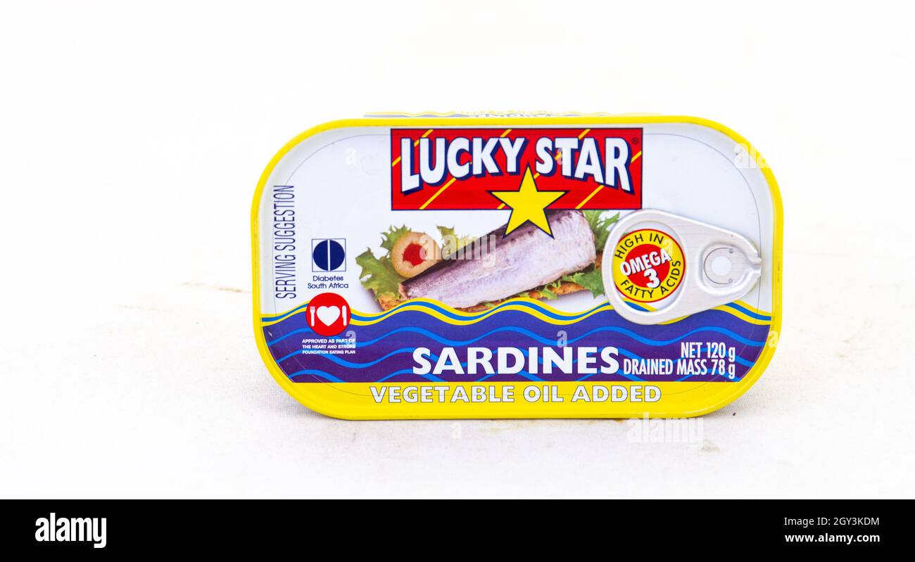 Johannesburg, Südafrika - eine Dose Lucky Star-Sardinen, isoliert auf einem klaren Hintergrund Stockfoto