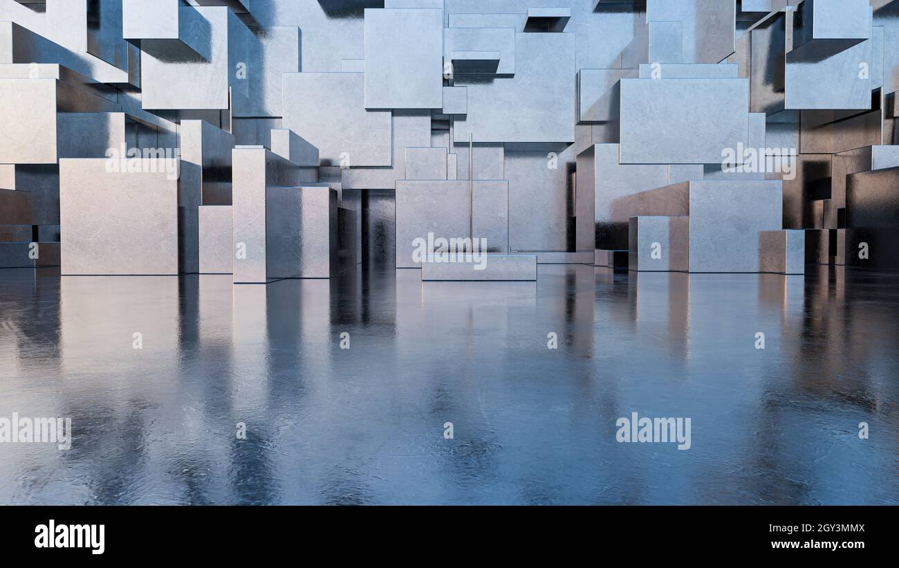 Abstrakter leerer Hintergrund von Silbermetallwürfeln Stockfoto