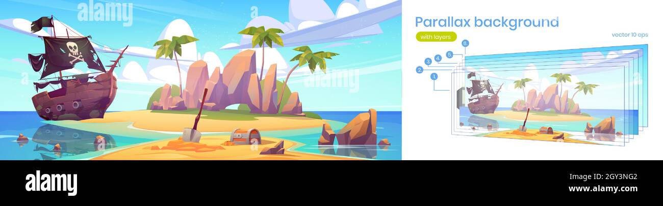 Tropische Insel mit Piratenschiff und Schatzkiste am Strand. Vektor Parallax Hintergrund für Spiel-Animation mit Cartoon Meereslandschaft mit Holzboot mit Totenkopf auf Segeln und Palmen an der Küste Stock Vektor
