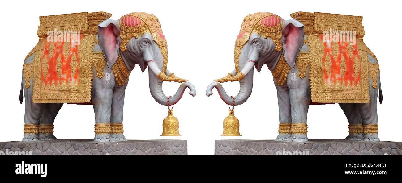 Zwei bunte dekorative Elefantenskulptur isoliert auf weißem Hintergrund Stockfoto