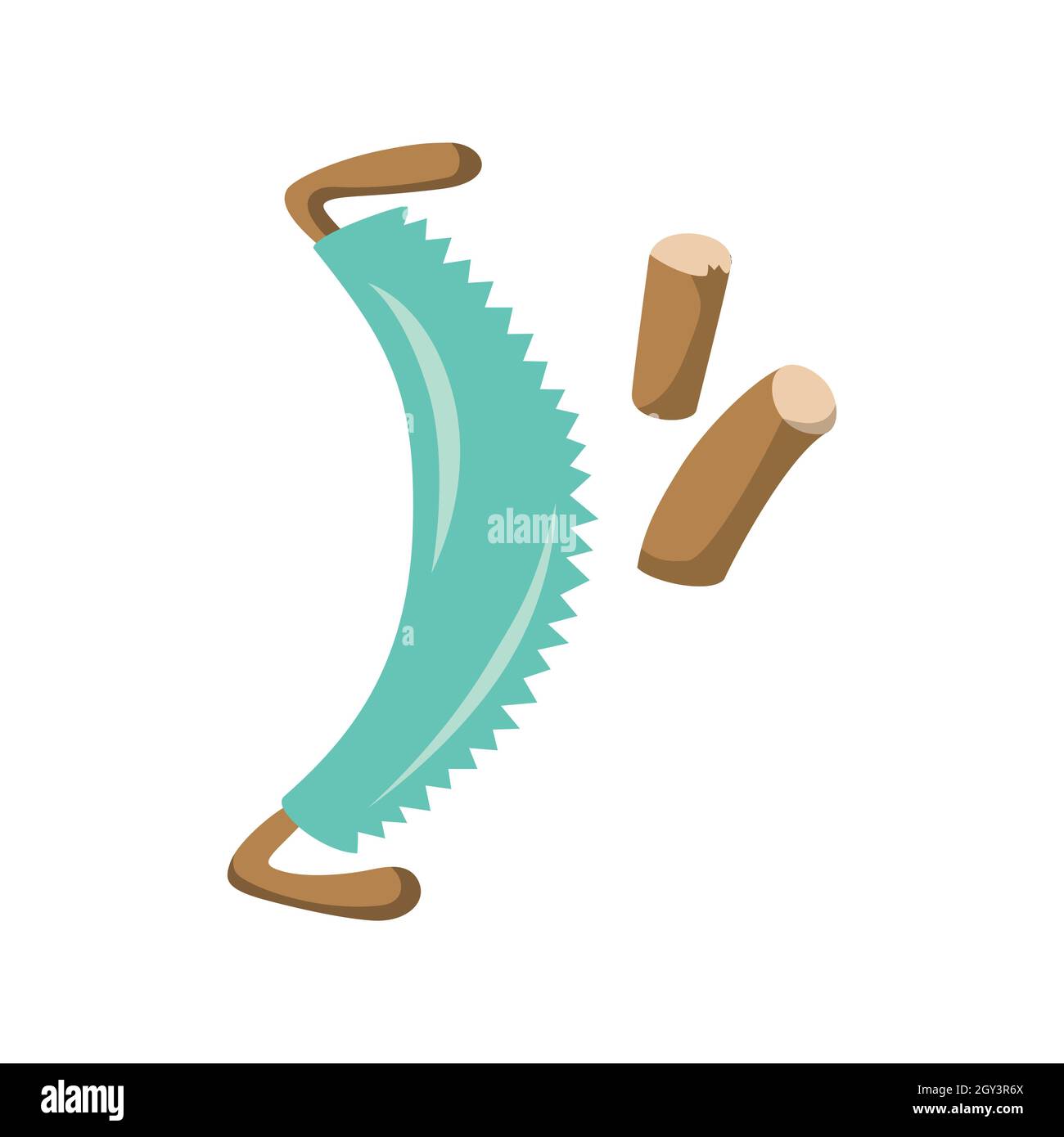 Flache Konstruktionsdarstellung einer zwei-Mann-Quersäge mit Holzgriff. Stock Vektor