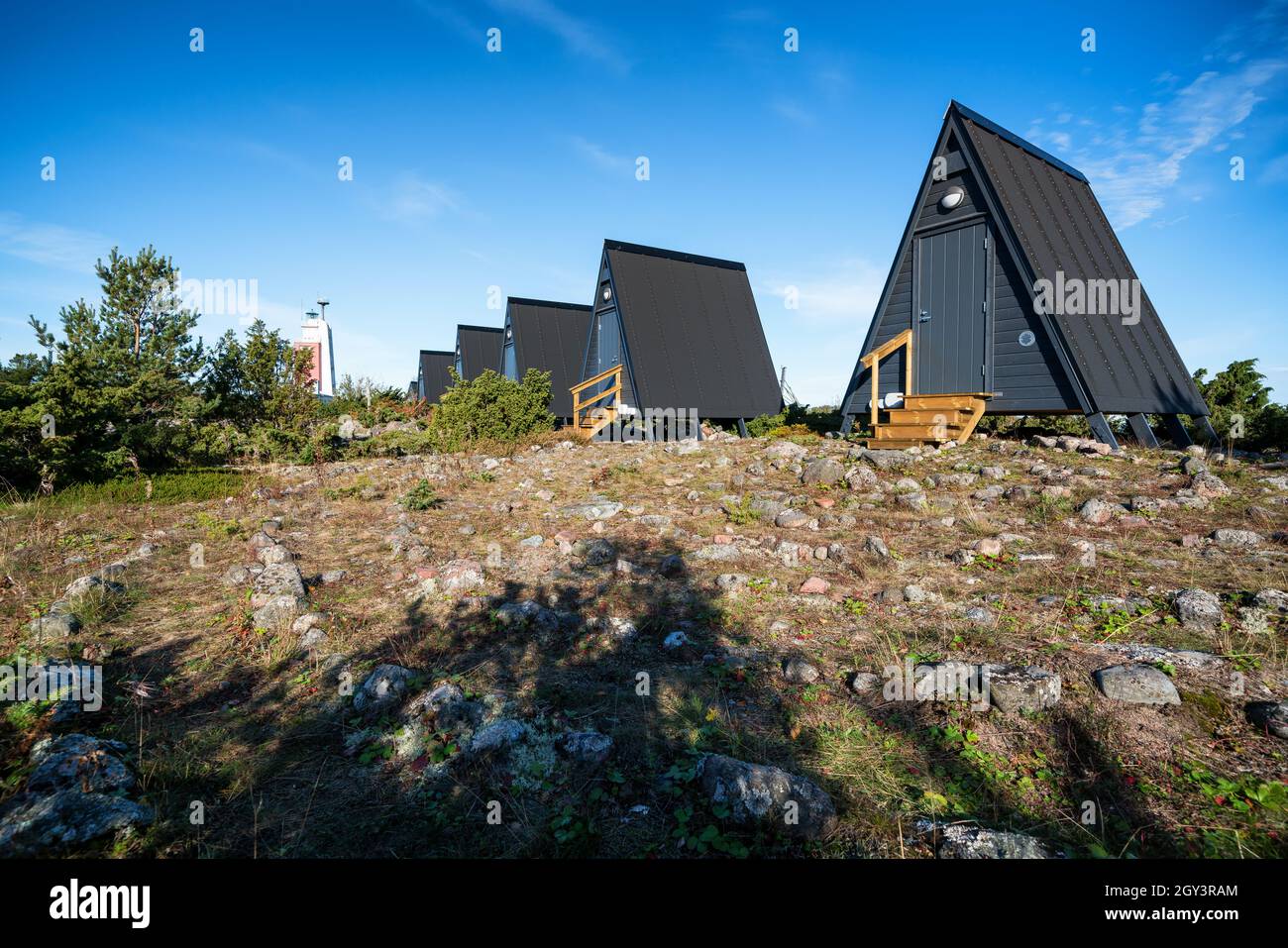 Unterkünfte Hütten auf der Leuchtturminsel Kylmäpihlaja, Rauma, Finnland Stockfoto