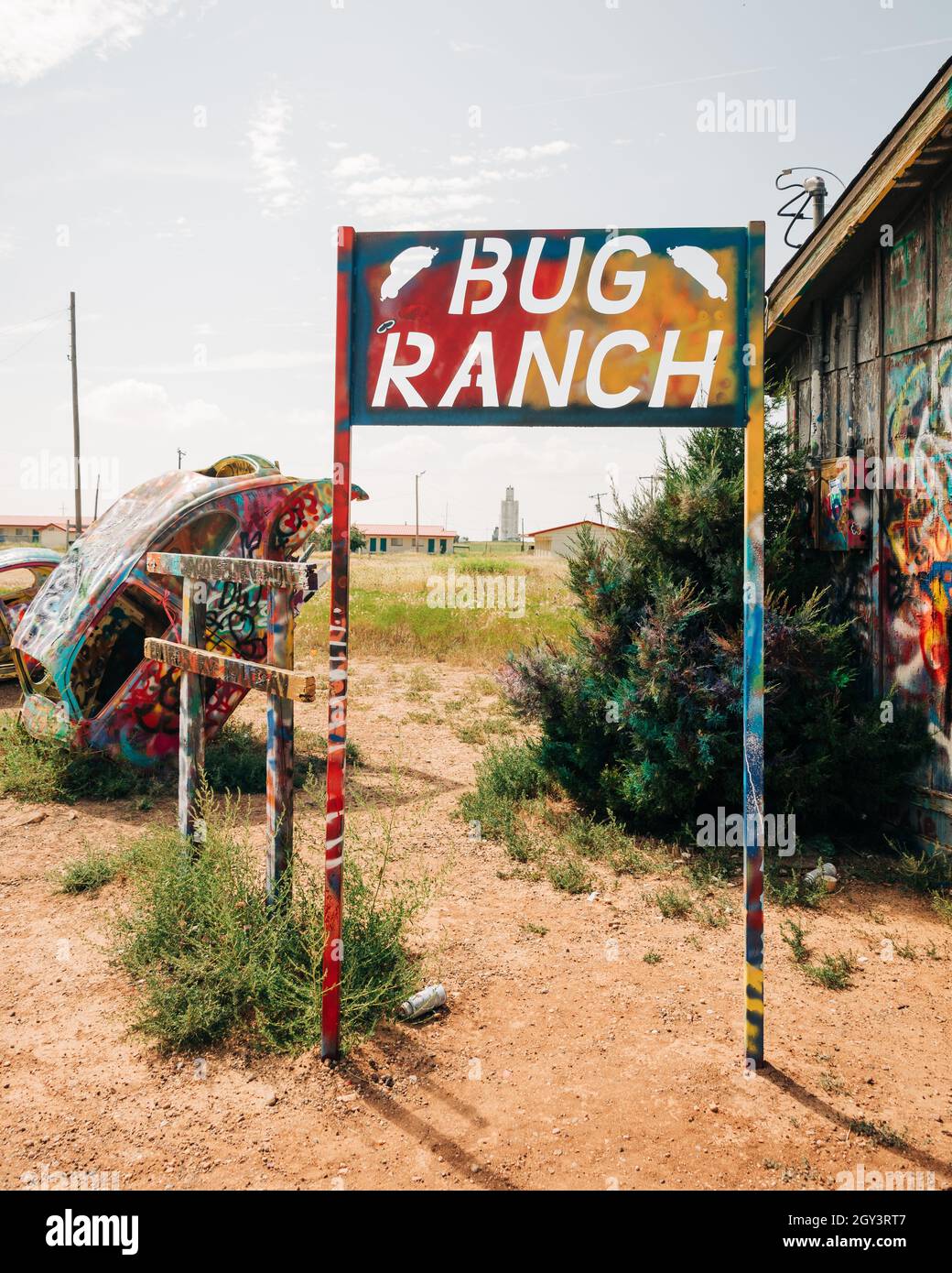 Bug Ranch Schild, an der Route 66 in Texas Stockfoto