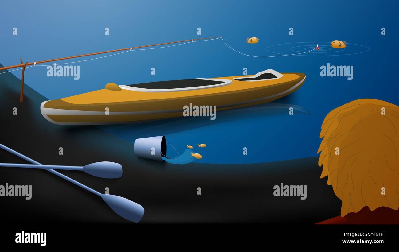 Kajak steht am Ufer. Ruder liegen auf dem Boden. In der Nähe einer Angelrute mit Angelschnur und einem Schwimmer im Wasser. Der Eimer kippte und der f Stock Vektor