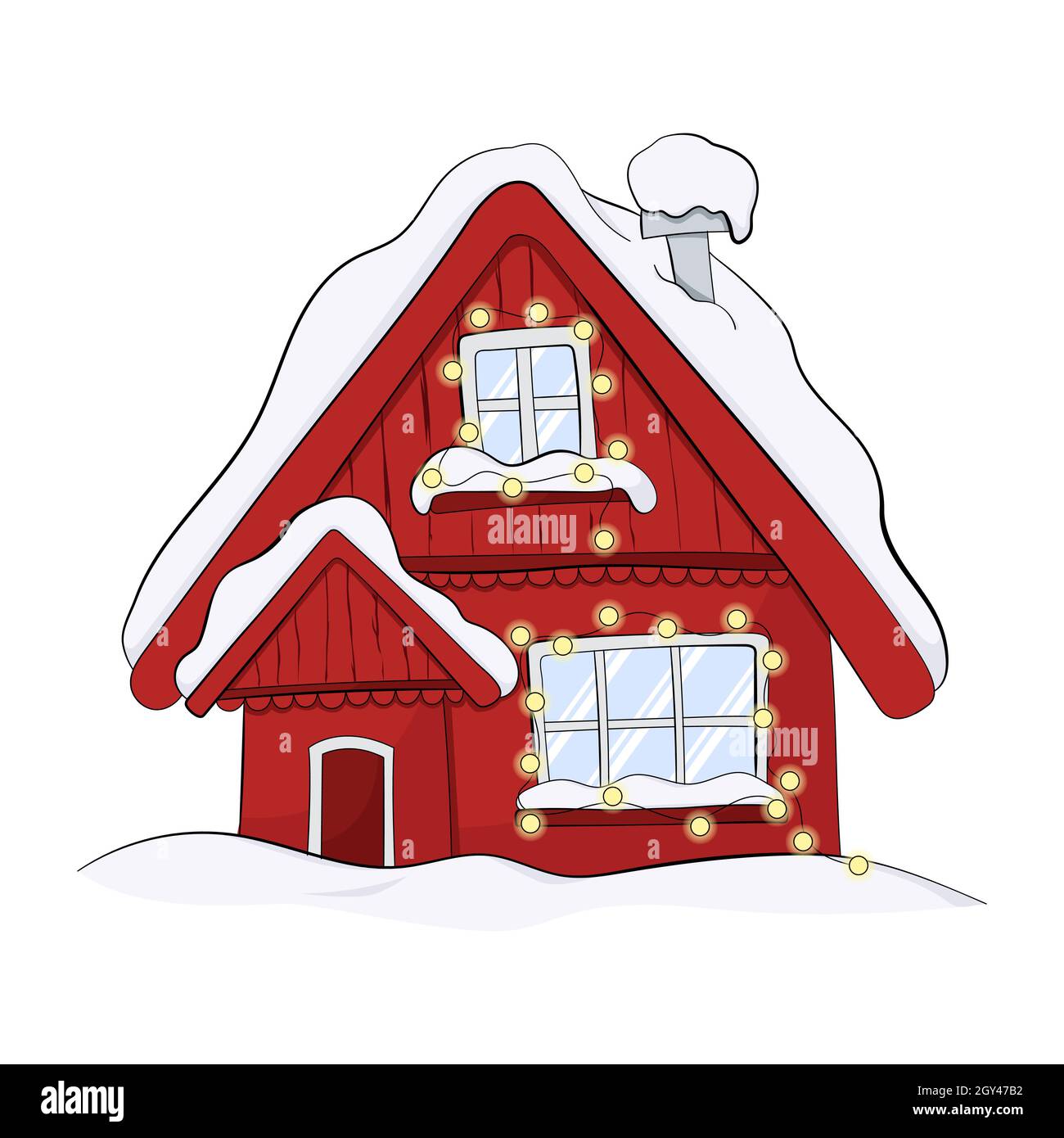 Cartoon Winterhaus. holzweihnachtshaus mit Schnee bedeckt. Stock Vektor