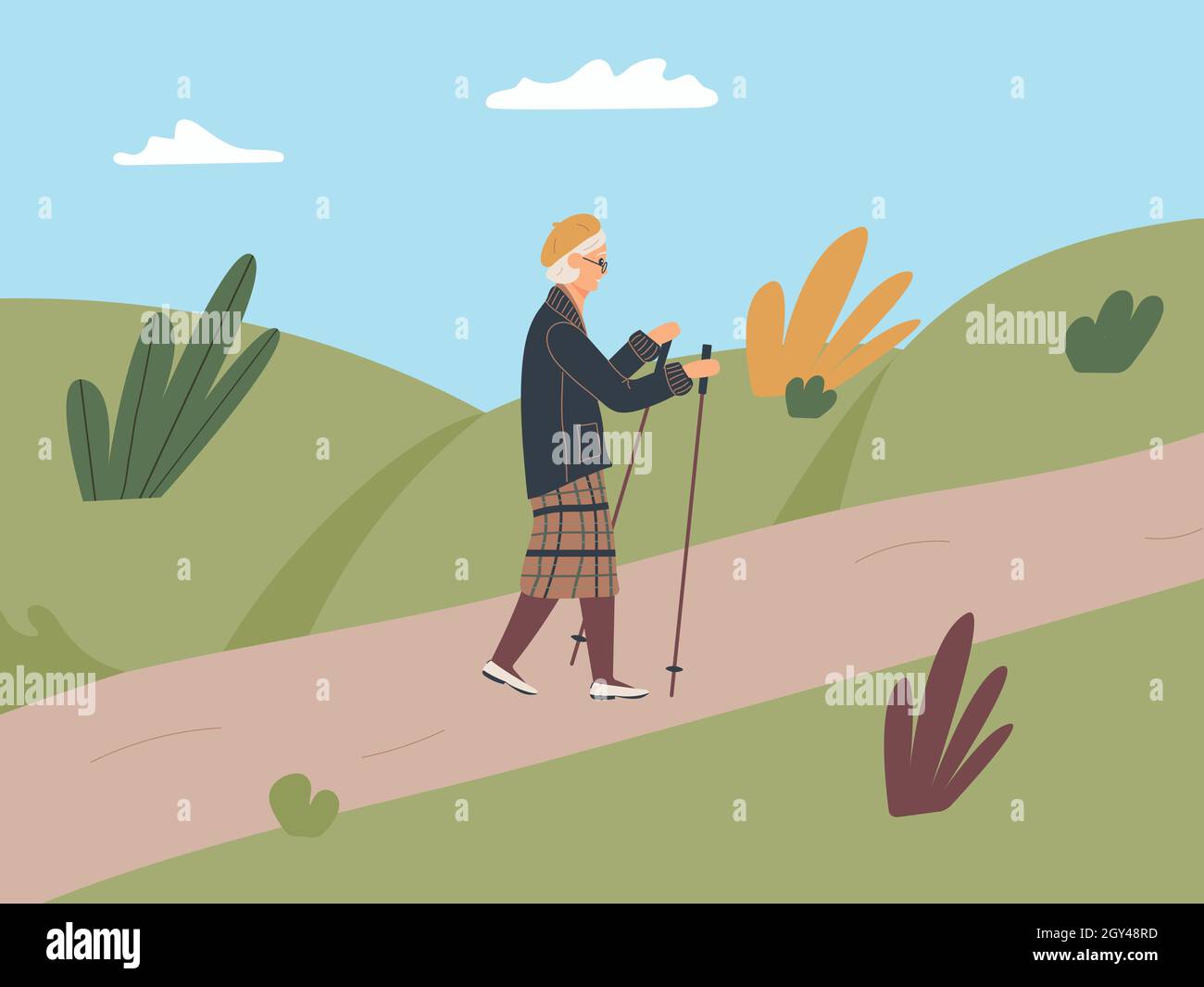 Ältere Frau ist mit Stöcken auf dem Weg im Herbstpark in Nordic Walking verwickelt. Die alte Frau geht zu Fuß an der frischen Luft und hält sich an einen gesunden Lebensstil Stock Vektor