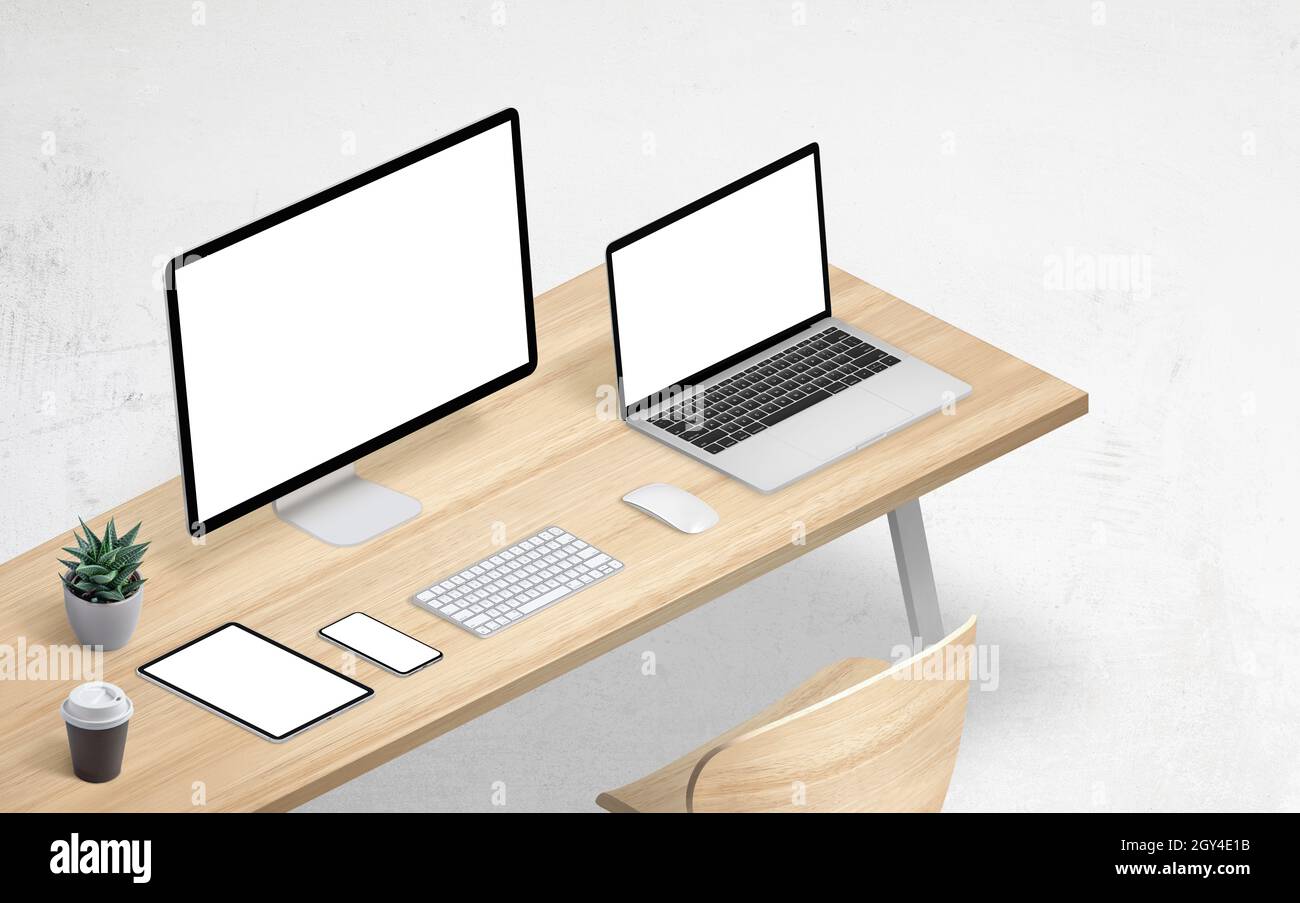 Moderne Gerätevorlage für eine reaktionsschnelle Design-Präsentation. Nachbau von Computerdisplay, Laptop, Tablet und Telefon. Schreibtisch, isometrische Position Stockfoto